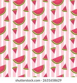 Seamless pattern of watermelon slices on a background with stripes. Design for mother’s day, spring and summer celebration, scrap booking, greeting card, seasonal invitation, textile, decoration.