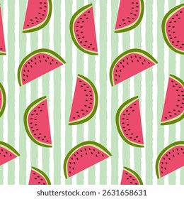 Seamless pattern of watermelon slices on a background with stripes. Design for mother’s day, spring and summer celebration, scrap booking, greeting card, seasonal invitation, textile, decoration.