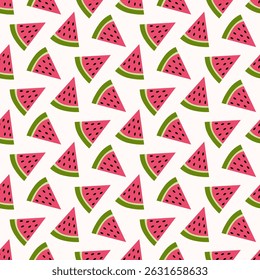 Seamless pattern of watermelon slices on a background with stripes. Design for mother’s day, spring and summer celebration, scrap booking, greeting card, seasonal invitation, textile, decoration.