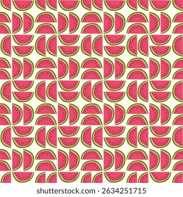 Seamless pattern of watermelon slices on a background with stripes. Design for mother’s day, spring and summer celebration, scrap booking, greeting card, seasonal invitation, textile, decoration.