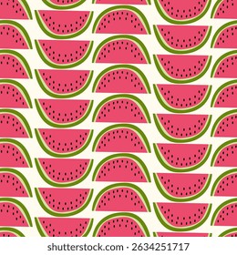 Seamless pattern of watermelon slices on a background with stripes. Design for mother’s day, spring and summer celebration, scrap booking, greeting card, seasonal invitation, textile, decoration.