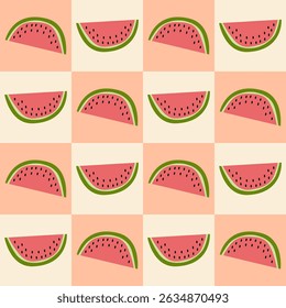 Seamless pattern of watermelon slices on checkered background. Design for mother’s day, spring and summer celebration, scrap booking, greeting card, seasonal invitation, textile, decoration.
