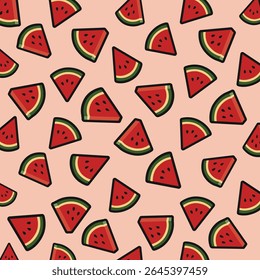 Seamless pattern of watermelon slices on pink. Refreshing summer fruit background for playful designs. sstkbackgrounds