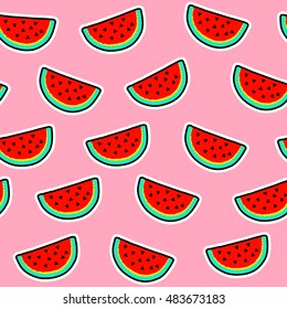 Seamless pattern of watermelon slices on pink background. Cool trendy vector illustration.