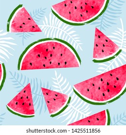 Seamless pattern with watermelon slices and palm tropical leaves