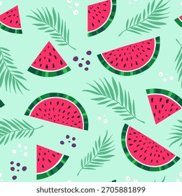 Nahtloses Muster mit Wassermelonenscheiben, Palmblättern und Beeren, Vektorgrafik.