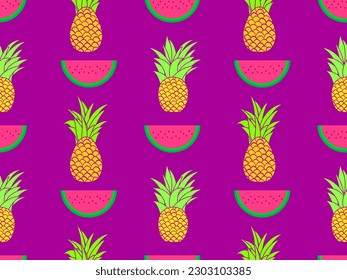 Seamless pattern with watermelon slices and pineapples. Watermelon with seeds and pineapples with green foliage. Tropical summer fruit pattern. Design for wallpaper and banners. Vector illustration