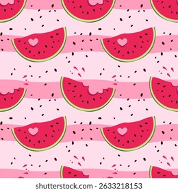  Seamless pattern of watermelon slices, seeds, slices in flat style. Vector illustration on delicate, pink striped background.