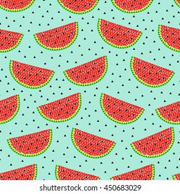Seamless pattern of watermelon slices with seeds on the green background. Simple mosaic vector illustration.