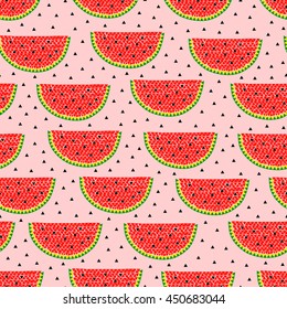 Seamless pattern of watermelon slices with seeds on the pink background. Creative mosaic vector illustration.
