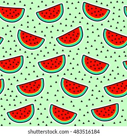 Seamless pattern of watermelon slices with seeds on green background. Cool trendy vector illustration.