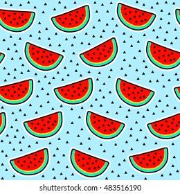 Seamless pattern of watermelon slices with seeds on blue background. Cool trendy vector illustration.
