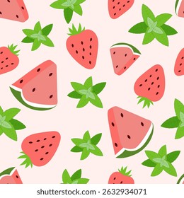 Seamless pattern with watermelon slices, strawberries and mint leaves. Summer print. Suitable for packaging, printing, textiles. Vector flat illustration.