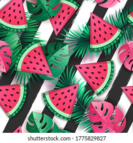 Seamless pattern with watermelon slices and tropic leaves. Vector illustration. Watermelon summer background