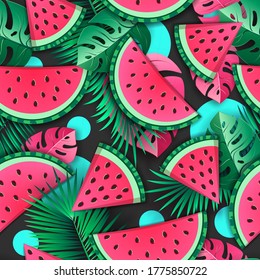 Seamless pattern with watermelon slices and tropic leaves. Vector illustration. Watermelon summer background