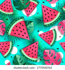 Seamless pattern with watermelon slices and tropic leaves. Vector illustration. Watermelon summer background