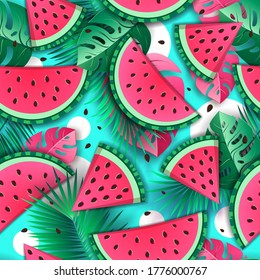 Seamless pattern with watermelon slices and tropic leaves. Vector illustration. Watermelon summer background