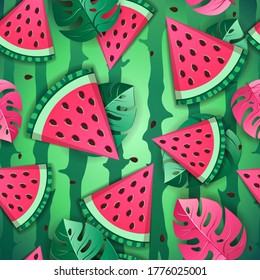 Seamless pattern with watermelon slices and tropic leaves. Vector illustration. Watermelon summer background