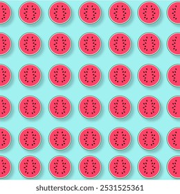 Seamless pattern with watermelon slices and tropic leaves. Vector illustration. Watermelon summer background