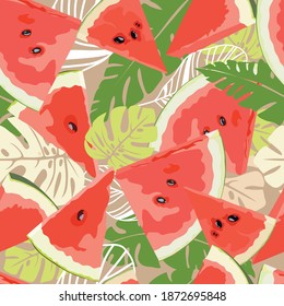 Seamless pattern of watermelon slices with tropical leaves. Vector illustration in a flat style.