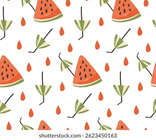 Seamless pattern with Watermelon slices and umbrellas for Cocktail Drinks. A Summer refreshing print for packaging, banners, prints, fabric and wrapping paper.
