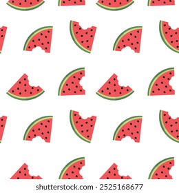 Seamless pattern of watermelon slices with varying orientations.