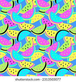 Seamless pattern with watermelon slices in vibrant  neon colors. Abstract fruit vector background