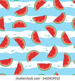 Seamless pattern with watermelon slices waves stripes on white background. Summer, exotic, freshness, food concept for wrapping, wallpaper, backdrop. Vector illustration EPS 10.