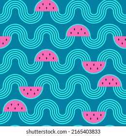 Seamless pattern with watermelon slices waves stripes. Summer, exotic, freshness, food concept for wrapping, wallpaper, backdrop. Vector illustration