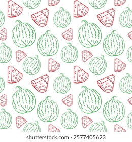 Seamless Pattern of Watermelon Slices and Whole Fruits in Red and Green