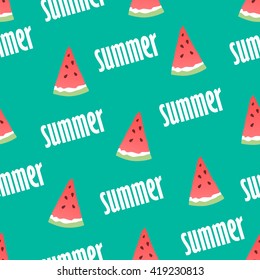 Seamless pattern with watermelon slices and the words summer. Vector background