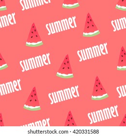 Seamless pattern with watermelon slices and the words summer. Vector background