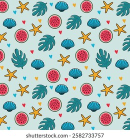 Seamless pattern with watermelon, starfish and seashells