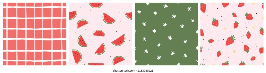 Seamless pattern with watermelon, strawberries and abstract elements. Vector backgrounds with hand drawn fruits, flowers, berries, checkered pattern. Creative texture for fabric, textile