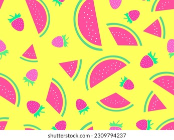 Seamless pattern with watermelon and strawberries in a minimalist style. Slices of watermelon with seeds. Summer background. Wallpaper design, paper printing and poster. Vector illustration