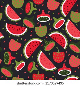 Seamless pattern with watermelon, strawberry, lemon. Vector illustration.