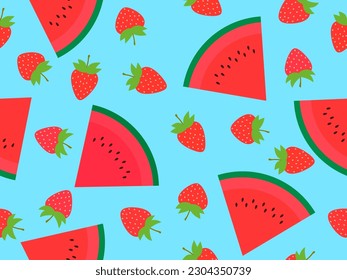 Seamless pattern with watermelon and strawberry. Watermelon slices with seeds. Tropical summer background. Wallpaper design, paper printing, promotional materials. Vector illustration