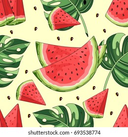 Seamless pattern with watermelon and tropical leaves in the background. Vector illustration.