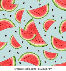 Seamless pattern with watermelon and tropical leaves in the background. Vector illustration.