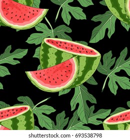 Seamless pattern with watermelon and tropical leaves in the background. Vector illustration.