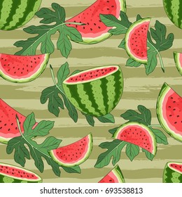 Seamless pattern with watermelon and tropical leaves in the background. Vector illustration.