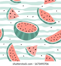 Seamless pattern with watermelon. Vector hand draw watermelon background  for social media, cover, fabric, interior 