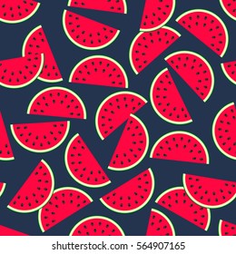 seamless pattern of watermelon, vector illustration. red slices on a blue background. flat. fruit or berry background fabric or wrapping paper.