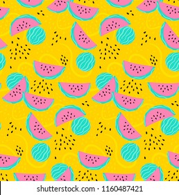 Seamless pattern with watermelon. Watermelones on the yellow background with seeds and lines. Vector fruit summer pattern with pieces of watermelon. Simple repeated background perfect for fabric