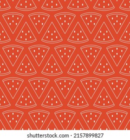 Seamless pattern with watermelon. White flat icon fruit slice on color background. Linear icon fruit set. Modern design for print on fabric, wrapping paper, wallpaper, packaging. Vector illustration