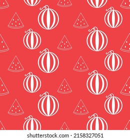 Seamless pattern with watermelon. White flat icon fruit slice on color background. Linear icon fruit set. Modern design for print on fabric, wrapping paper, wallpaper, packaging. Vector illustration