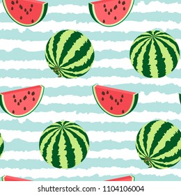  Seamless pattern of watermelon whole, a piece and seeds. Background of blue stripes. National Watermelon Day Design. Vector illustration