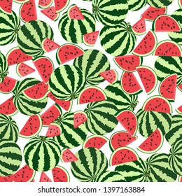  Seamless pattern of watermelon whole, a piece and seeds. National Watermelon Day Design. Vector illustration