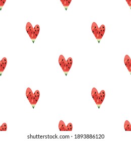 Seamless pattern with watermelons. Background with hearts. Juicy and ripe watermelon. Banner, poster, modern textile design, print, wallpaper, wrapping paper. Vector illustration.