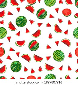 Seamless pattern with watermelons in cartoon style. Whole and sliced, half and quarter of a watermelon. Watermelon day. Summer. Vector illustration isolated on white background. Seamless background.